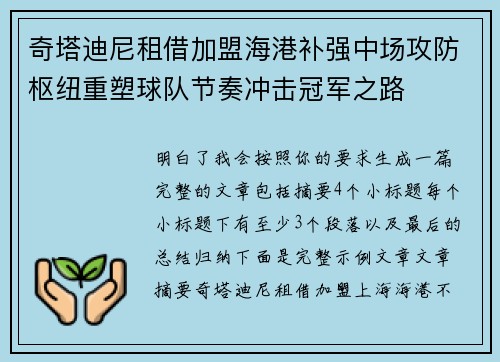 奇塔迪尼租借加盟海港补强中场攻防枢纽重塑球队节奏冲击冠军之路
